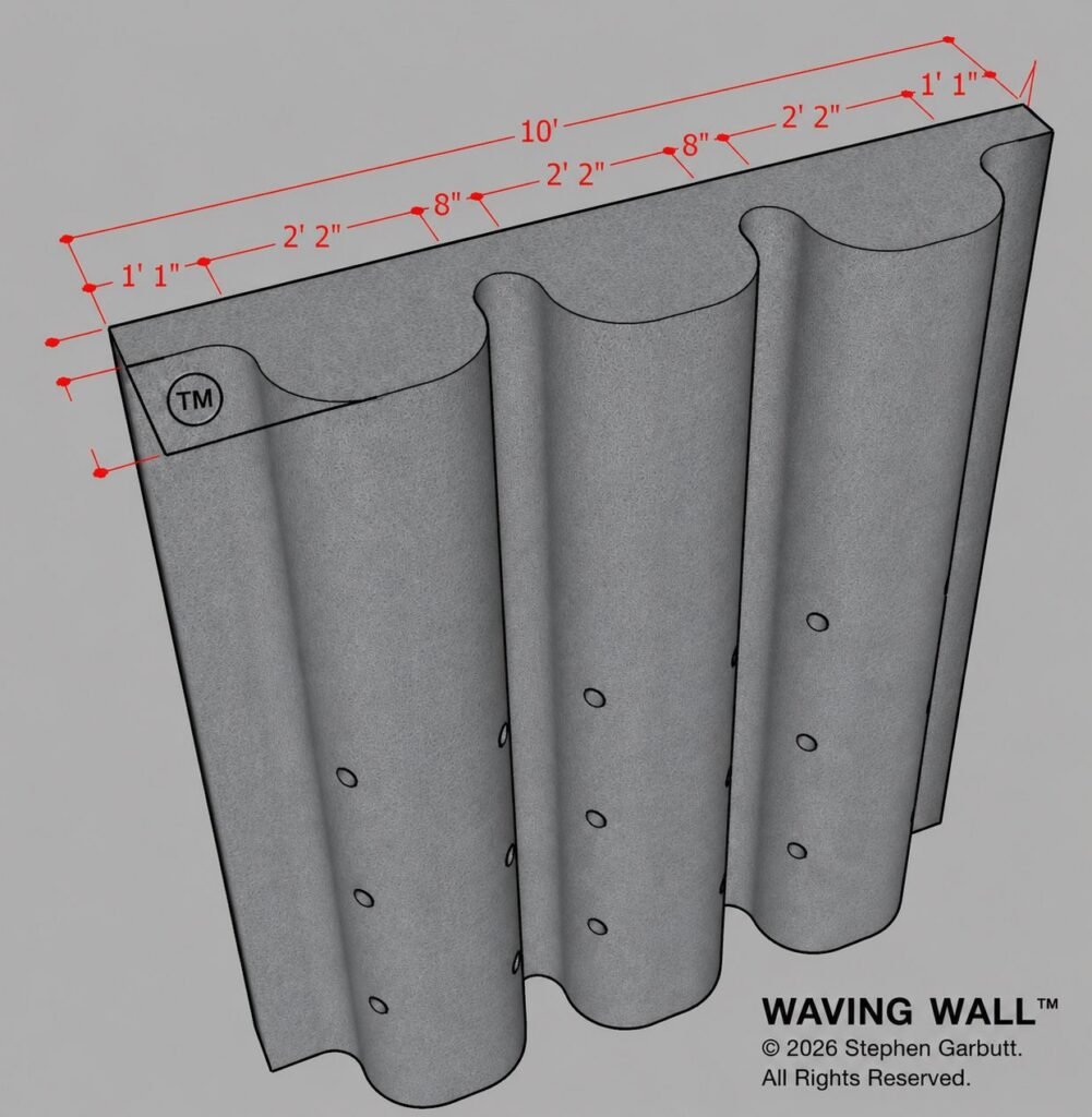 Design rendering of a corrugated precast wall panel, ten feet long, with three rounded flutes and drainage holes; labeled Waving Wall
